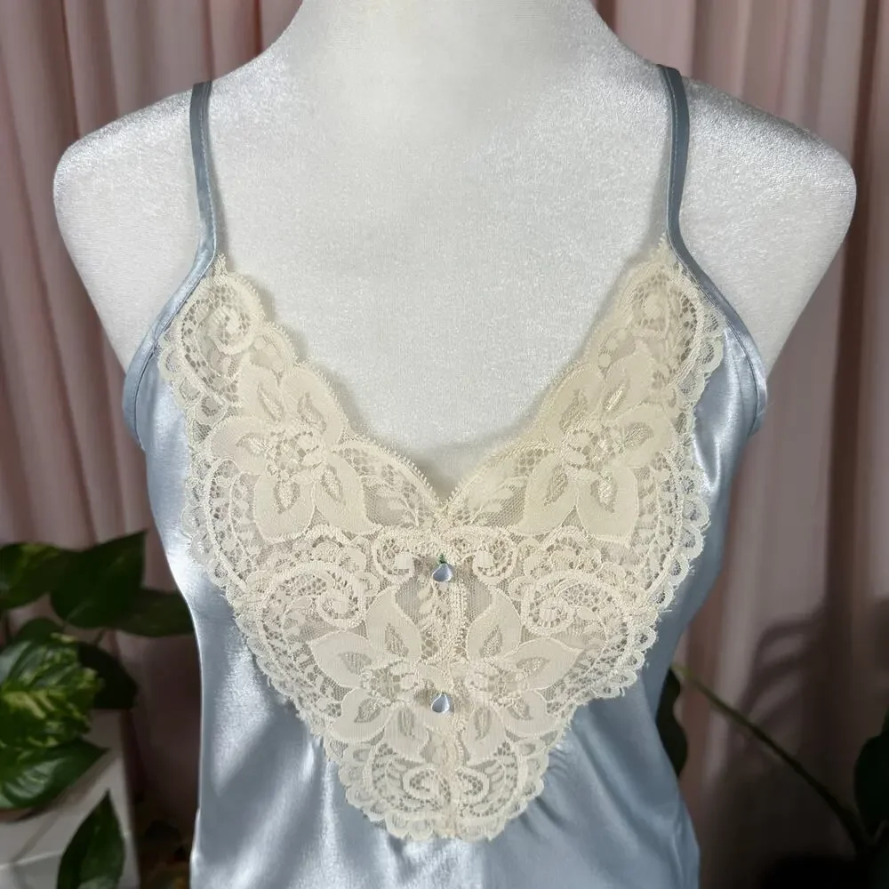 Kirsten Grey Vintage Baby Blue Satin‎ Chemise Slip Dress Lace Small USA Made